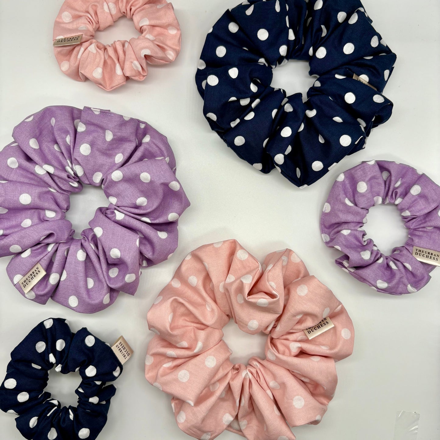 Polka dot scrunchie collection: Rose Dot, Lavender Dot, Blackberry Dot. Oversized & mini sizes, 100% cotton fabric, handmade in Kent, UK, cottagecore style, ideal birthday, holiday or thoughtful gifts