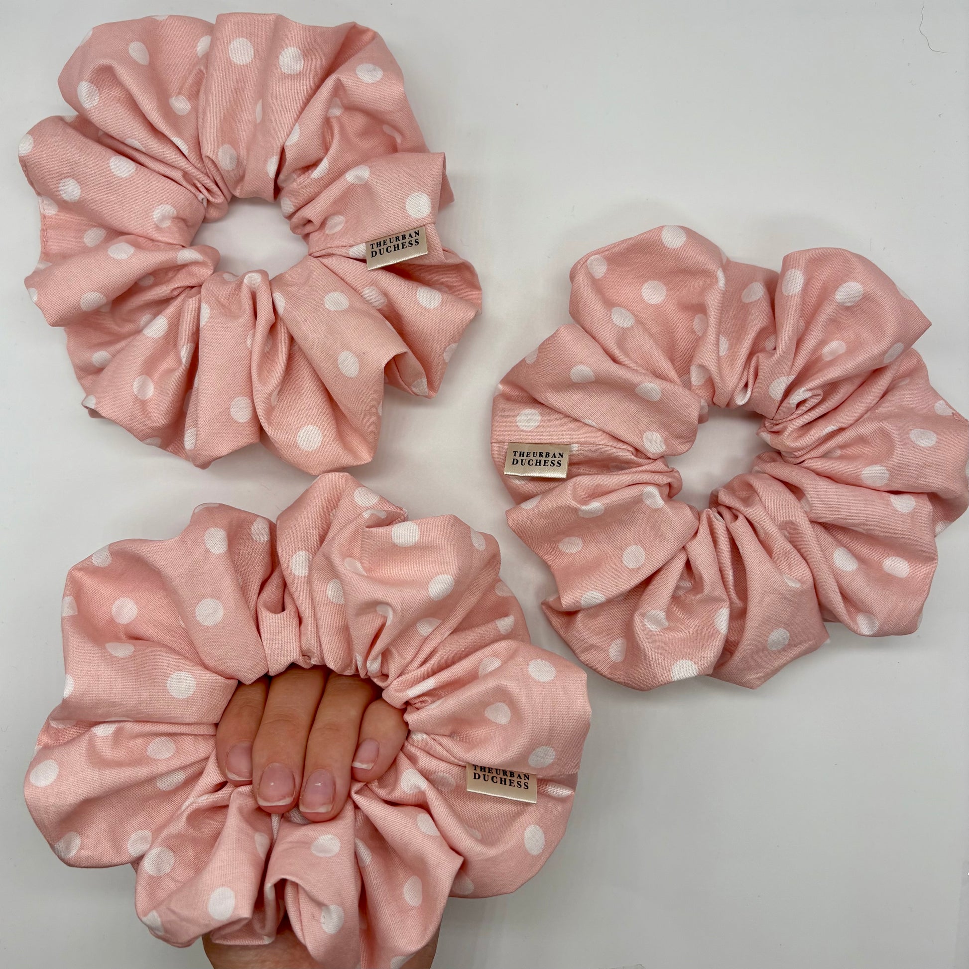 Blush Dot oversized polka‑dot scrunchies. Blush pink with white polka dots, 100% cotton, handmade in Kent UK, boho cottagecore hairwear, ideal everyday wear or birthday gift