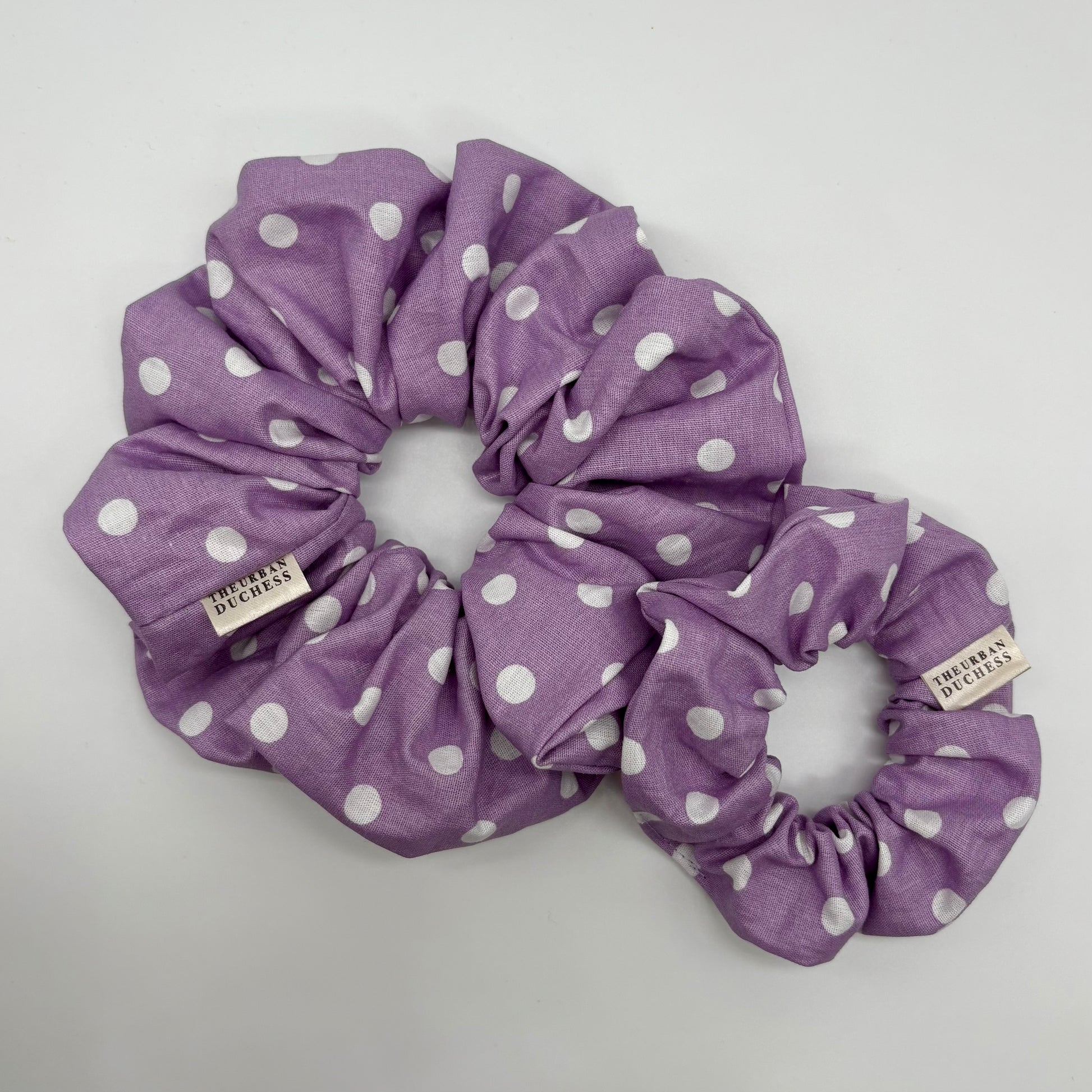 Lavender Dot Duo Set. Soft lavender purple with white polka dot design, 100% cotton fabric, handmade in Kent, handmade in the UK, cottagecore hair accessory, ideal everyday wear & perfect gift for her