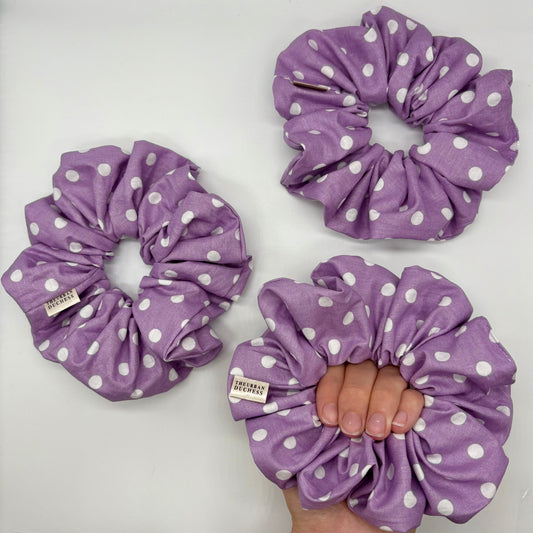 Lavender Dot oversized polka‑dot scrunchies. Soft lavender purple with white polka dot design, 100% cotton fabric, handmade in Kent, handmade in the UK, boho cottagecore hair accessory, ideal everyday wear & gift for her