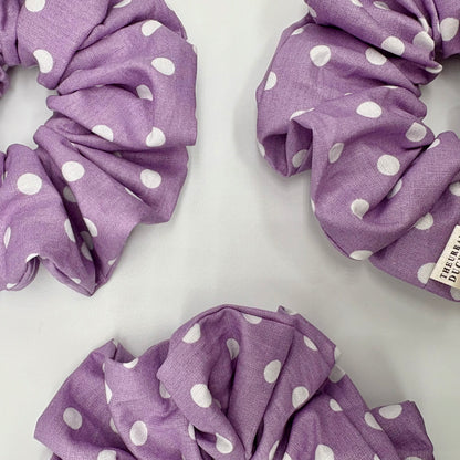 Lavender Dot oversized cotton scrunchie. Dreamy lavender purple with crisp white polka dots, 100% premium cotton, handmade in Kent, handmade in the UK, gentle on all hair types, cottagecore style