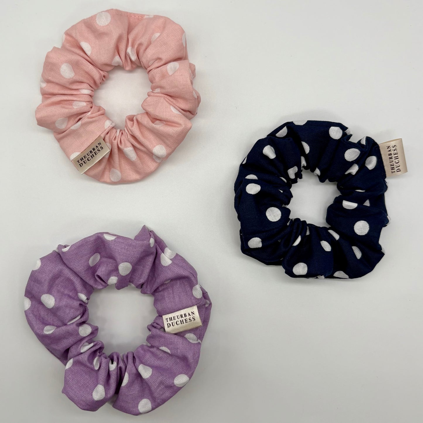 Blush Dot, Berry Dot, Lavender Dot mini scrunchies. Blush, navy and lilac polka‑dot styles, 100% cotton, handmade in Kent UK, gifts for her,  teacher gift