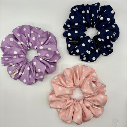 Blush Dot, Ocean Dot, Lavender Dot oversized polka dot scrunchies. Blush pink, navy blue, lavender purple designs, 100% cotton fabrics, handmade in Kent, handmade in the UK, premium hair accessories.