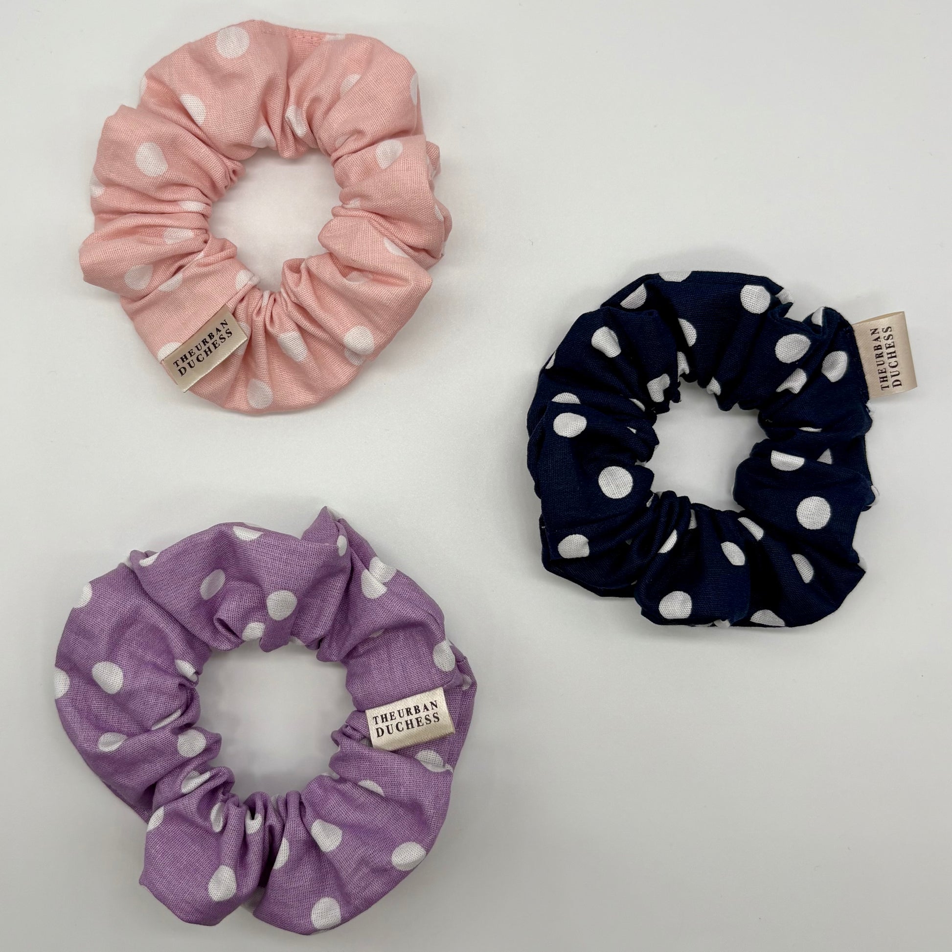 Rose Dot, Lavender Dot, Blackberry Dot mini polka dot scrunchies. Soft pink, lilac purple, navy blue polka dot styles, 100% cotton fabric, handmade in Kent, UK, charming mini gift set